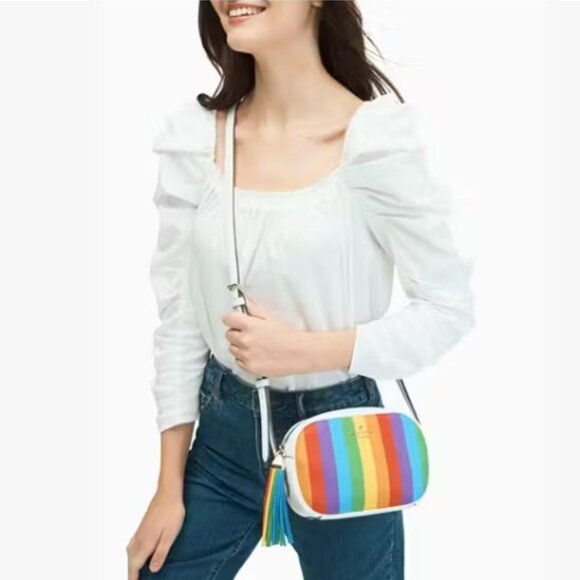 Kate Spade Kourtney Rainbow Stripe Camera Bag in Pebbled Leather - Picture 1 of 16